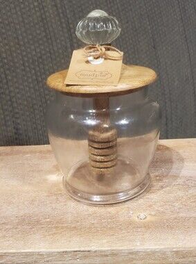 NWT Mud Pie Glass Honey Jar with Mango Wood Lid and Glass Knob